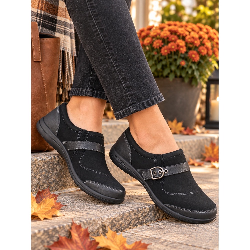 Merrell Dassie Buckle Black Leather Nubuck Comfort Walking Shoes Women's 8
